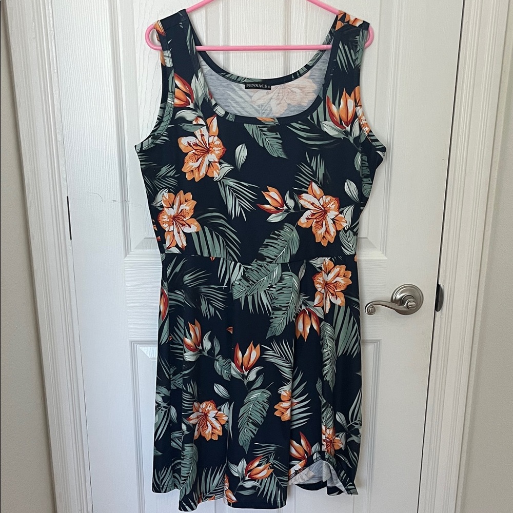Floral Scoop Neck Tank Dress in Black and Orange